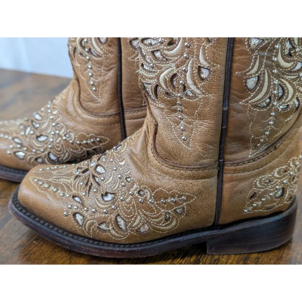 Wildflowers Bluebonnet Girls Cowboy Boots Size 11 Brown Glitter Inlay Leather